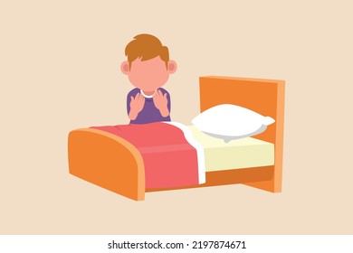 Little boy praying before going to bed. Before sleep activity concept. Colored flat graphic vector illustration isolated.