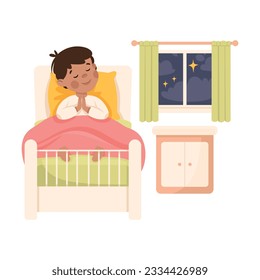 Little Boy Praying in His Bed Under Blanket Before Night Rest Vector Illustration