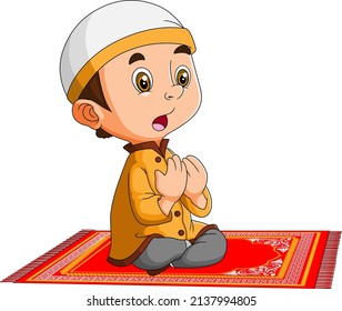 The little boy is praying in the ramadan night of illustration