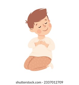 Little Boy Praying Sitting on the Floor with Bended Knees Vector Illustration