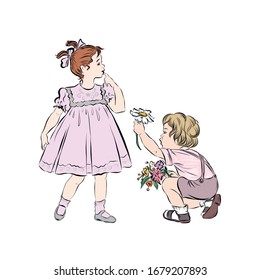 Little boy preschool age with blonde hair gives wild flower to adorable girl in pink dress. Guy congratulates girlfriend with International Women's Day. Vector illustration flat children.