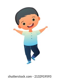 Little Boy preschooler. Cute child. Person in summer clothes. In jeans and t-shirt. Cheerful funny kid. Baby joy. Cartoon style illustration. Flat design. Isolated on white background. Vector.