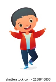 Little Boy preschooler. Person in autumn clothes. In warm jacket. Cute child. Cheerful funny kid. Baby joy. Cartoon style illustration. Flat design. Isolated on white background. Vector.