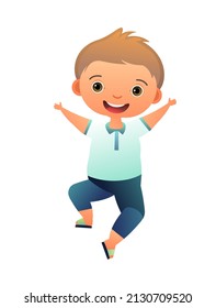 Little Boy preschooler. Person in summer clothes. Dancing in short pants. Cute child. Cheerful funny kid. Baby joy. Cartoon style illustration. Flat design. Isolated on white background. Vector.