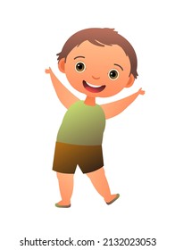 Little Boy preschooler. Person in summer clothes. Cheerful funny kid. Baby joy. Cute child. Cartoon style illustration. Flat design. Isolated on white background. Vector.
