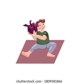 Little boy with a present box in his hands on white background. Vector illustration.