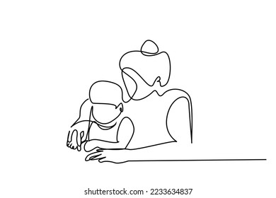 little boy primary school girl teacher together education teaching lesson classroom learning concept one line drawing design