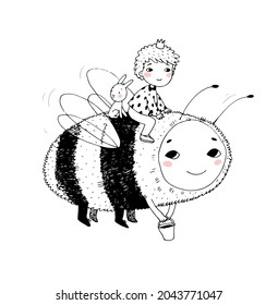 little boy prince flying on a bee. Cute cartoon kid. Print for kids t-shirt. Hand drawing isolated objects on white background. Vector illustration. 