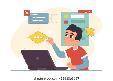 Little boy programming and coding. Computer science education for kids. Web, apps and software development practice. Flat vector illustration