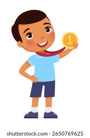 Garotinho orgulhosamente segurando a medalha de ouro.
Emoções conceituais de orgulho e alegria.
Personagem de desenho animado bonito