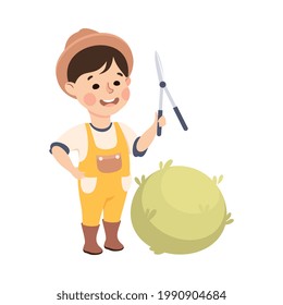 Little Boy with Pruner Cutting Bush Representing Gardener or Farmer Profession Vector Illustration
