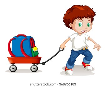 Little boy pulling cart with backpack on it illustration