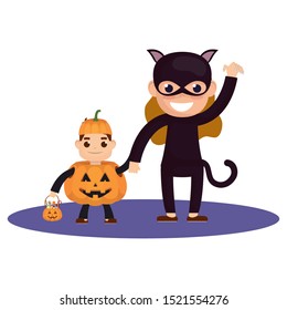 little boy with pumpkin costume character vector illustration design