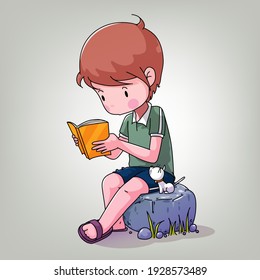 Little boy and puppy reading book  in the garden. Vector hand drawing illustration  for kid book, book cover, printing t-shirt, posters, and brochure etc.
