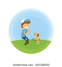 Little boy and puppy walking at park vector illustration. Training a small dog turns the Hoop like a circus