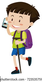 Little boy with purple backpack talking on phone illustration