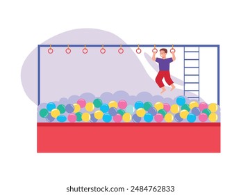 A little boy in a purple shirt playing in a ball pool, adventure kids playground. Character design. Vector flat illustration