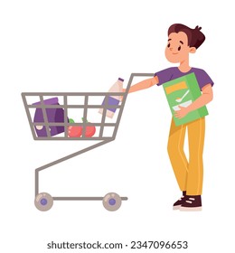 Little Boy Push Shopping Cart Making Purchase in Grocery Store Vector Illustration