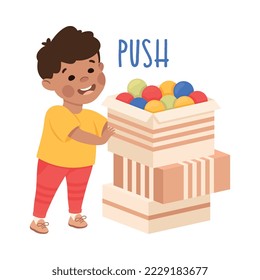 Little Boy Pushing Box with Balls Demonstrating Vocabulary and Verb Studying Vector Illustration