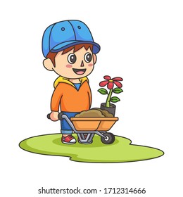 Little boy pushing wheelbarrow full of soil and a flower