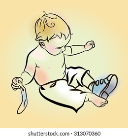 Little Boy Put Shoes On. Adorable toddler boy trying to put his shoes on. Illustration of boy putting on shoes over yellow background.  Little boy putting his shoes on by himself.