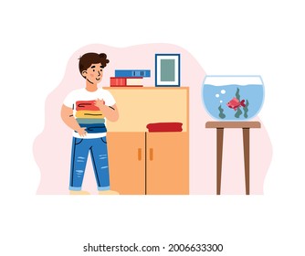 Little boy putting folded clean clothes in dresser at his room. Kids daily housework, home routine. Flat cartoon vector illustration isolated on white