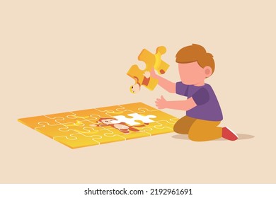 Little boy putting together a jigsaw puzzle game. Kids puzzle concept. Flat vector illustration isolated.