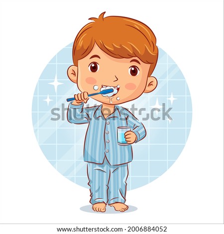 Little boy in a pyjamas stands brushing teeth and holds a glass of water in the bathroom. Vector illustration