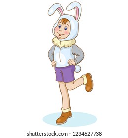 Little boy in a rabbit costume for a school party.  Isolated on white background. In cartoon style. Vector illustration.