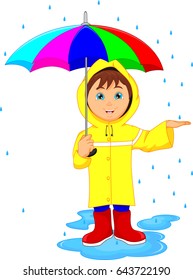 little boy in rain with umbrella
