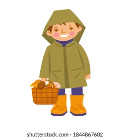 Little boy in a raincoat with a basket of mushrooms. Vector illustration in flat style. Isolated on white.