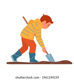 Little Boy In Raincoat And Rubber Boots Digging With Shovel In The Garden. Child Character Flat Vector Illustration. Isolated On White.