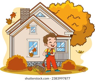 Little boy raking leaves in front of his house. Vector illustration.