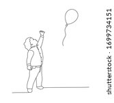 Little boy reaches for a balloon. Line drawing vector illustration.