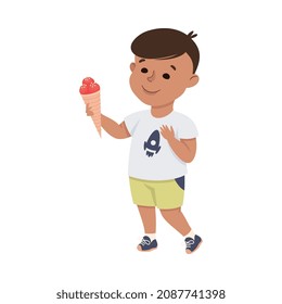 Little Boy Reaching Hand Sharing Ice Cream Supporting and Comforting Someone Vector Illustration