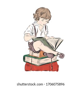 Little boy read book sitting on stack of books. Young intellectual. Preschool child