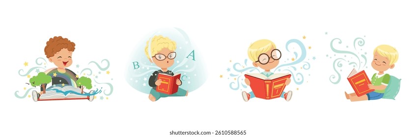 Little Boy Read Fairytale Book Dream of Imaginary World Vector Set