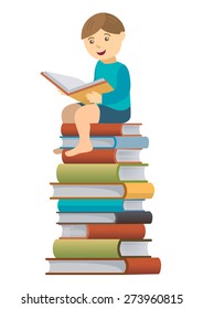 Little boy reader. Little boy sitting on the pile of books reading a book. Vector illustration.
