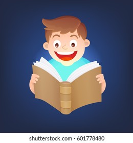 Little boy reading an amazing book. Imagination concept. Reading lovers. Vector illustration.