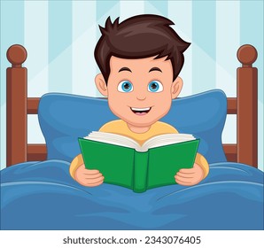 niñito leyendo libro en la cama