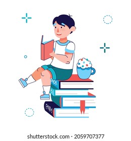 Little boy reading a book - cartoon child sitting on stack of books with milkshake drink and smiling. Flat isolated vector illustration of young male reader.