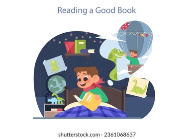 Little boy reading a book. Child holding a fairytale book, reading a bedtime story. Excited kid sitting in his bed. Flat vector illustration