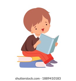 Little Boy Reading Book, Cute Kid Sitting on Pile of Books, Children Education and Imagination Concept Cartoon Style Vector Illustration