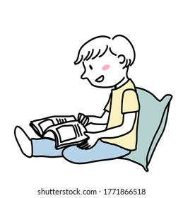 Little boy reading book. Happy boy sitting comfortably and reading storybook. Cute little boy reading and turning page of storybook. Vector illustration with hand-drawn style.
