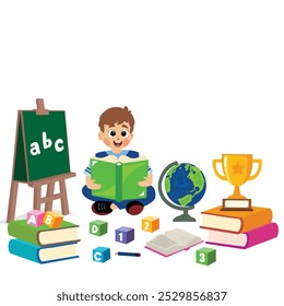 little boy reading book, Happy kid reads book. Studying and knowledge concept. illustration, vector