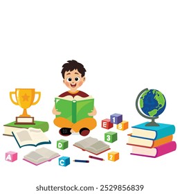 little boy reading book, Happy kid reads book. Studying and knowledge concept. illustration, vector