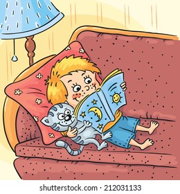 Little boy is a reading a book with his cat