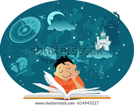 Little boy reading a book, imaginary fantastic images hovering over it, EPS 8 vector illustration, no transparencies