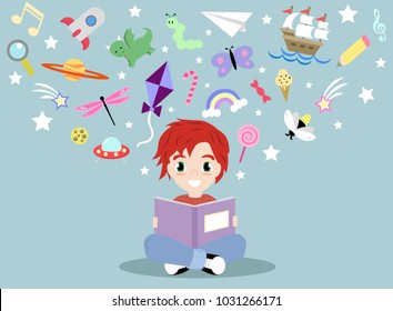 little boy reading a book and imagining things