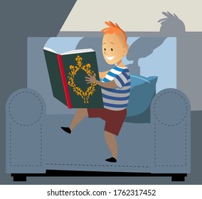 Little boy reading a book, light coming from it's page, EPS 8 vector illustration